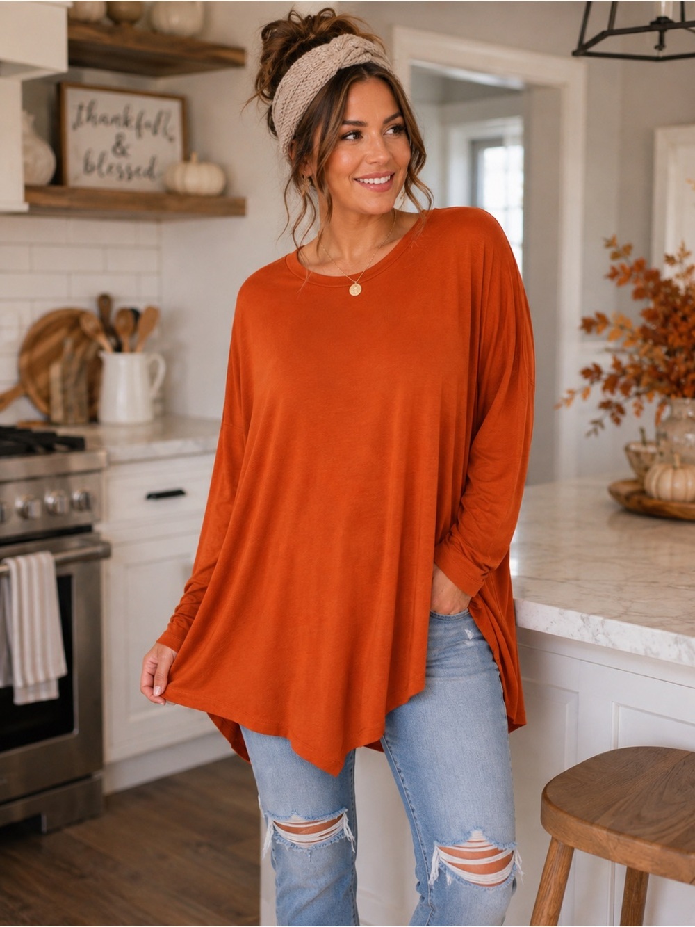 Azules Rust Orange Oversized Long Sleeve Tunic Top Asymmetrical Hem USA Medium
